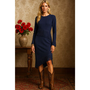 Venus Womens Navy Blue Fringe Elegant Boho Chic Asymmetric Bodycon Dress Size L